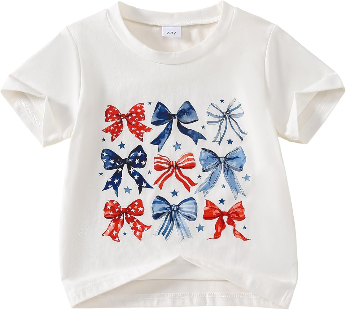 Toddler Girl 4th of July Outfit American Flag Bow Print T-Shirt Top Independence Day Clothes | Amazon (US)