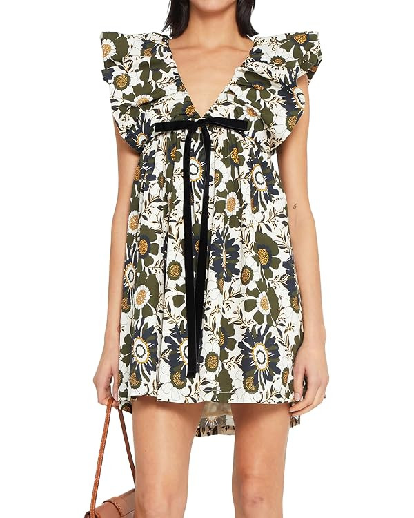 hibshaby Women's Floral Print Mini Dress V Neck Puff Sleeve Dress Short Babydoll Bow Dress | Amazon (US)