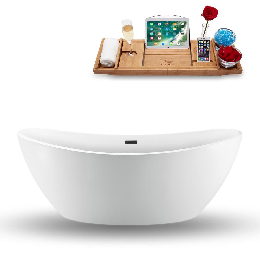 Streamline 75 in. Acrylic Flatbottom Non-Whirlpool Bathtub in Glossy White with Matte Black Drain an | The Home Depot