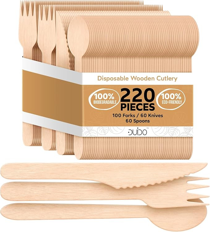 Disposable Wooden Cutlery – 220 Pack Biodegradable Utensils - Eco Friendly Compostable Utensils | Amazon (US)