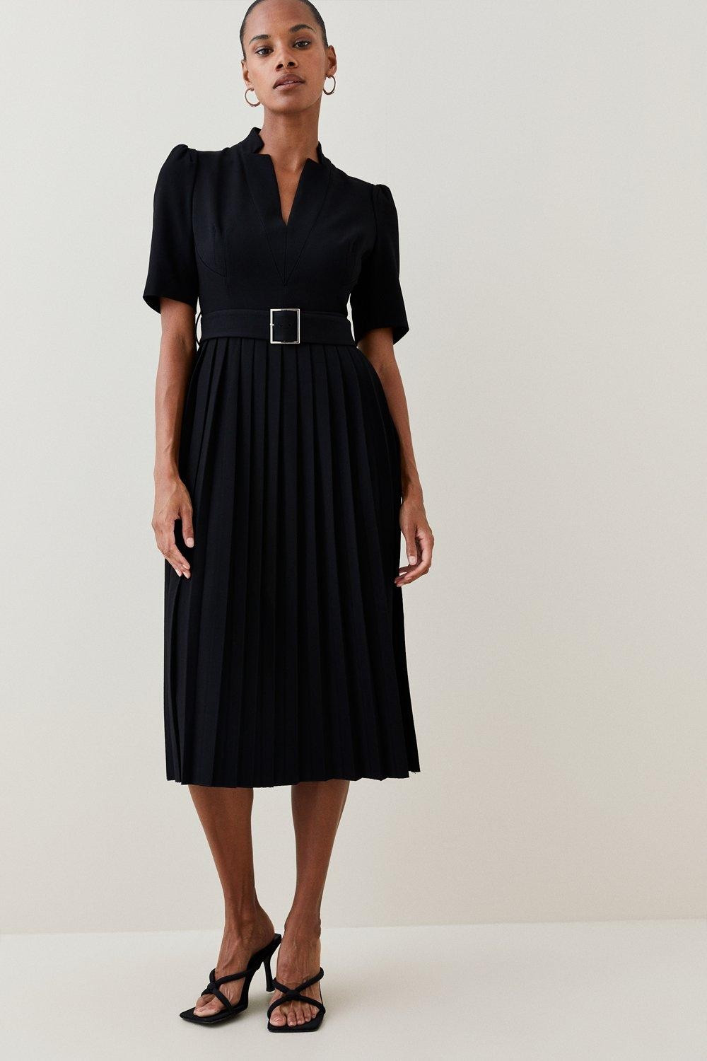 Structured Crepe Forever Pleat Belted Midi Dress | Karen Millen UK + IE + DE + NL
