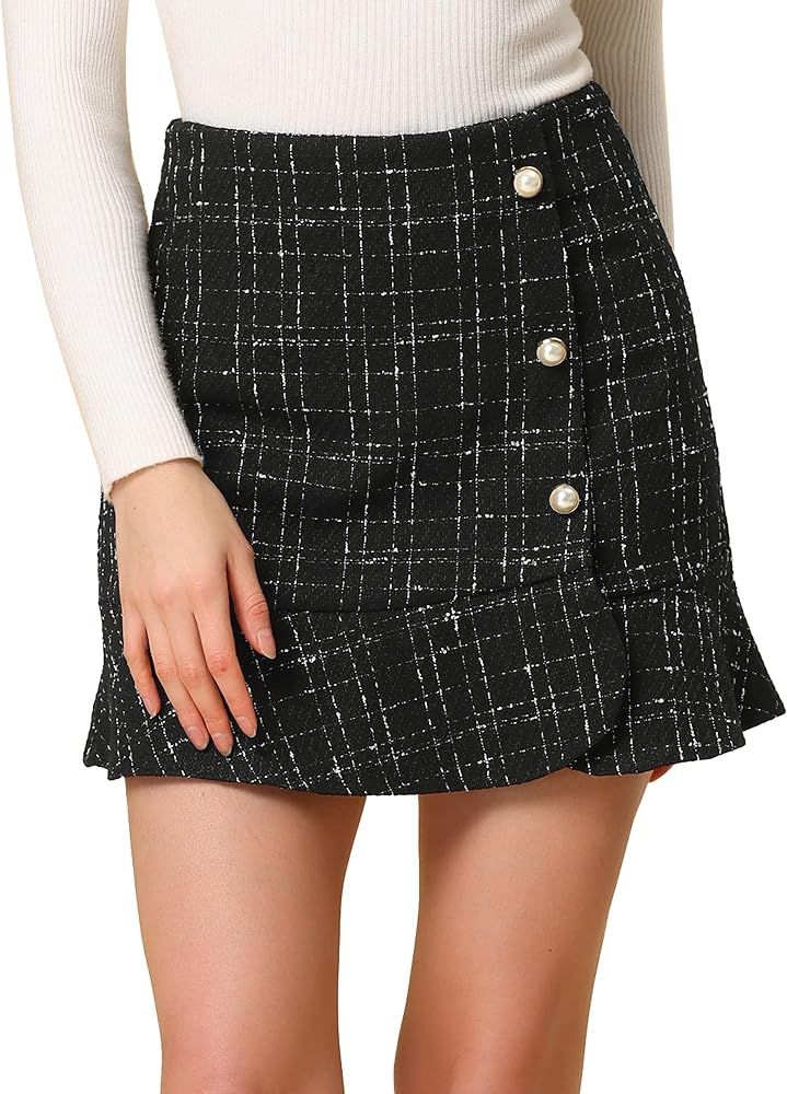 Allegra K Women's Plaid Skirts Ruffle Hem Button Decor Tweed Mini Skirt | Amazon (US)