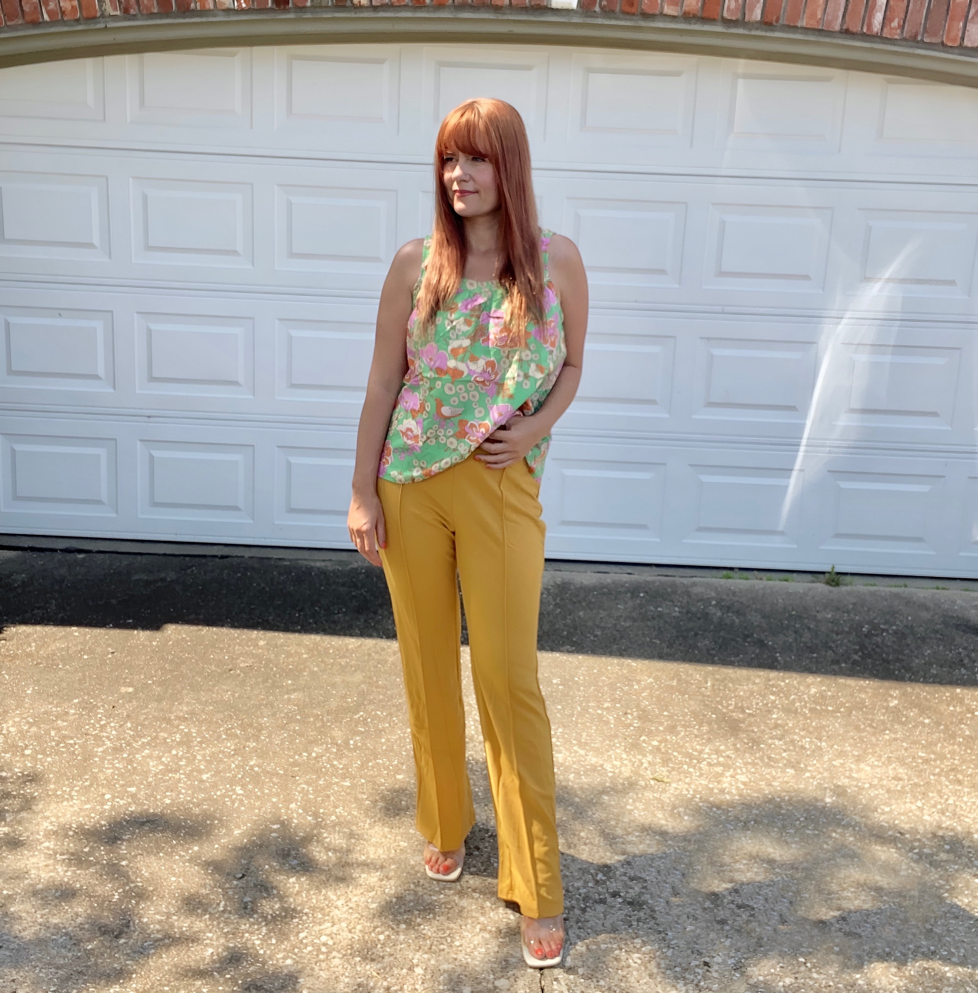 Floral cami top
Mustard-yellow flare pants
70s style 
Shein