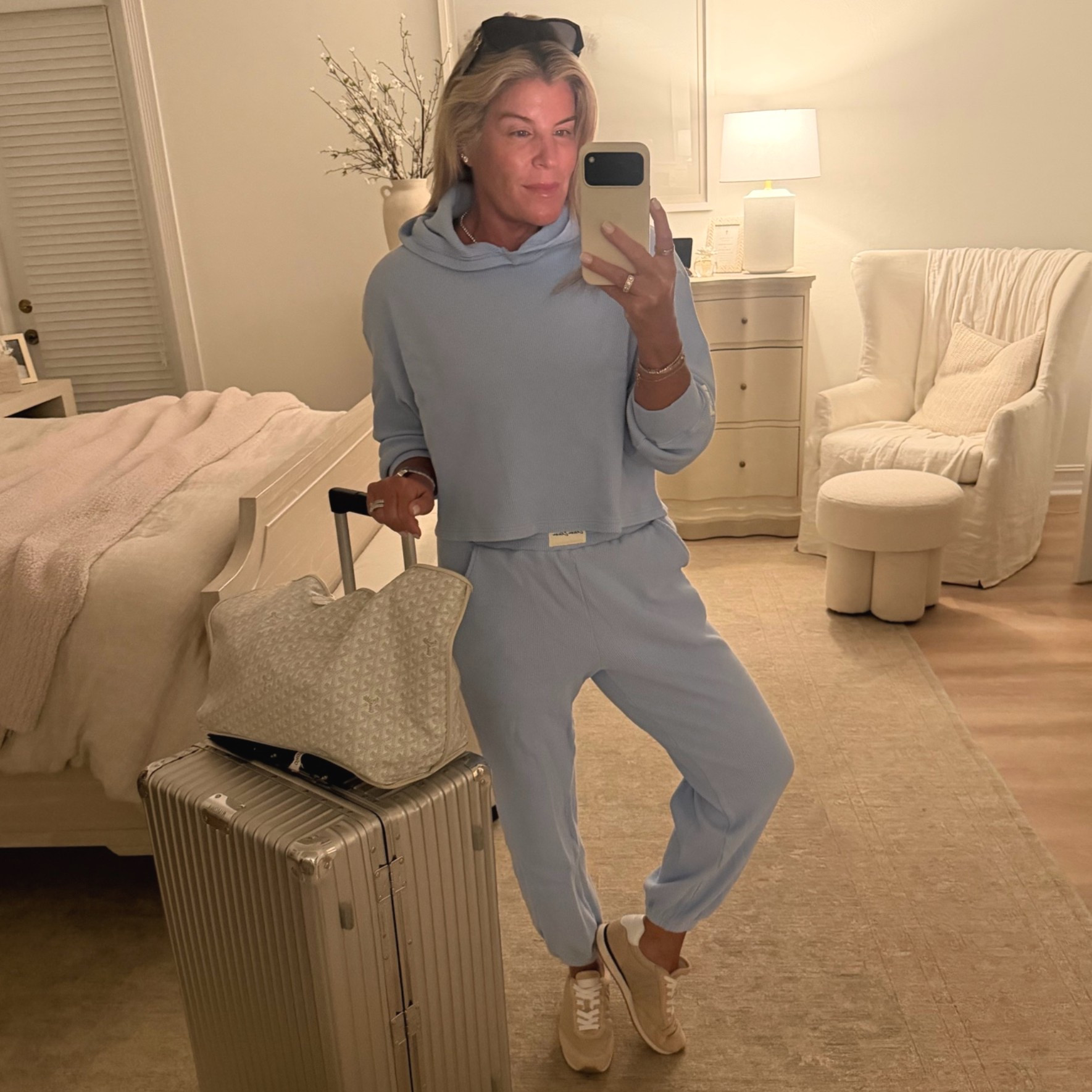 The coziest summer travels set. Waffle fabric and the prettiest blue! Comes in several colors, may order the yellow too! Wearing a small fits TTS.