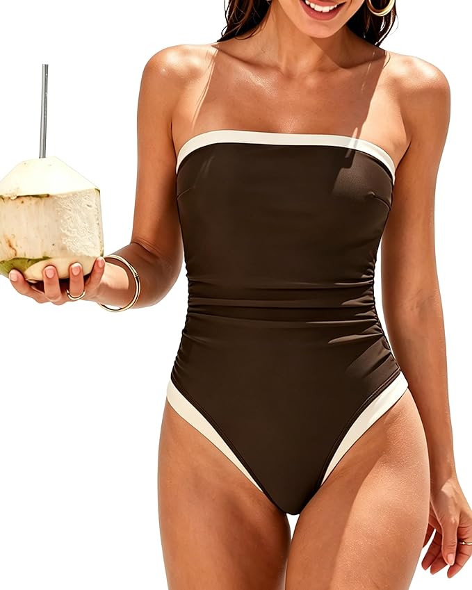 SUUKSESS Women One Piece Tummy Control Swimsuit Strapless Bandeau Bathing Suit | Amazon (US)