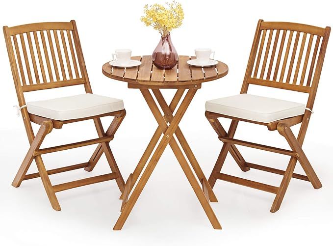 Giantex 3Pcs Patio Bistro Set, Wood Folding Table Set, 2 Cushioned Chairs for Garden Yard, Outdoo... | Amazon (US)