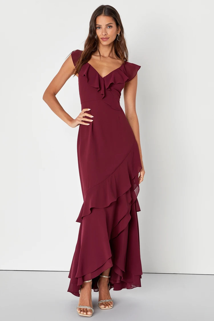 Charming Event Burgundy Asymmetrical Ruffled Maxi Dress | Lulus