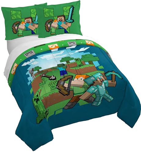 Jay Franco Kids Duvet Cover Set – 3 Piece Super Soft Bedding with Sham Pillowcase, Cover ONLY Comforter Not Included, Blue - Minecraft, Full | Amazon (US)