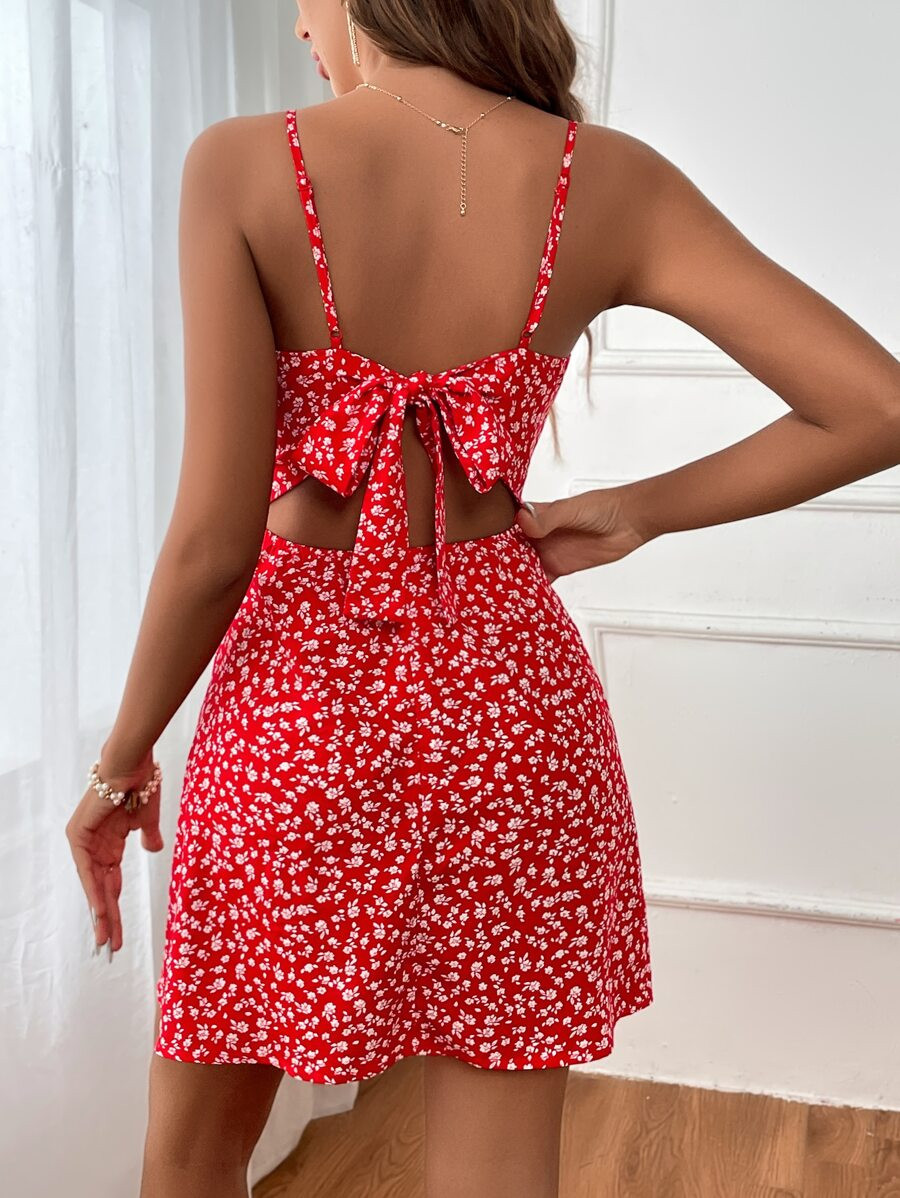 SHEIN WYWH WYWH   Vacation   Ditsy Floral Tie Back Cami Red Women  Dress | SHEIN