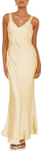 Satin V Neck Maxi Dress for Women Wedding Guest 2026 Summer Formal Elegant Cocktail Sleeveless Lo... | Amazon (US)