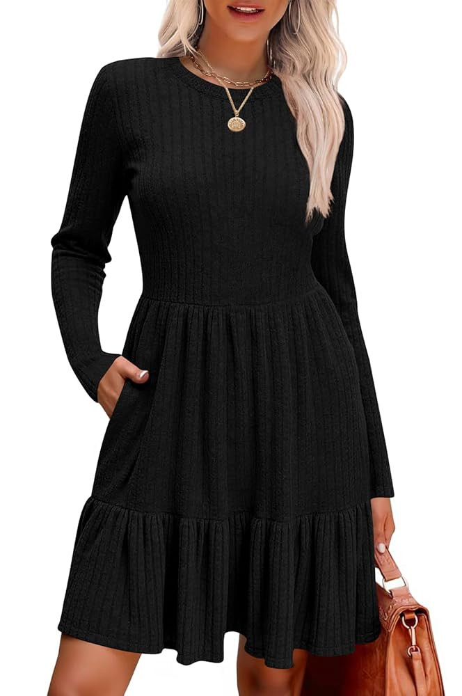 Naggoo Women's Long Sleeve Ruffle Dress Casual Crew Neck Tunic A-Line Babydoll Sweater Dresses wi... | Amazon (US)