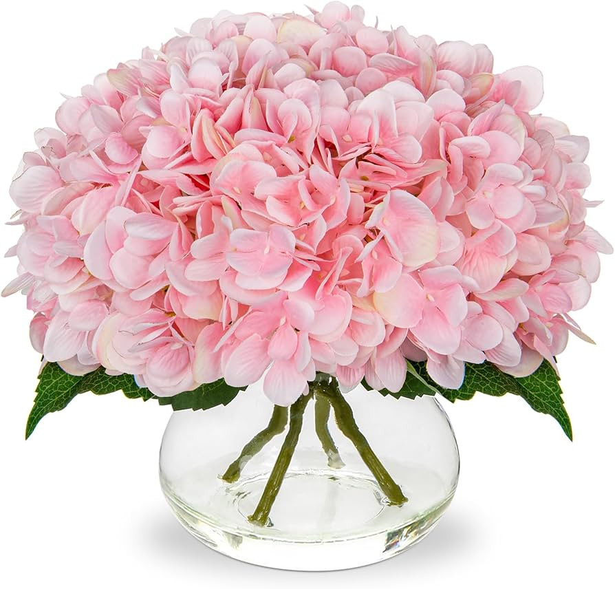 Hollyone Hydrangea Artificial Flowers with Glass Vase Pink Silk Faux Flowers Arrangements with Cl... | Amazon (US)