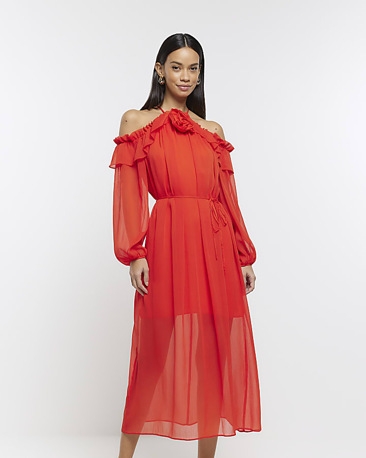 Red corsage halter neck shift midi dress | River Island (UK & IE)