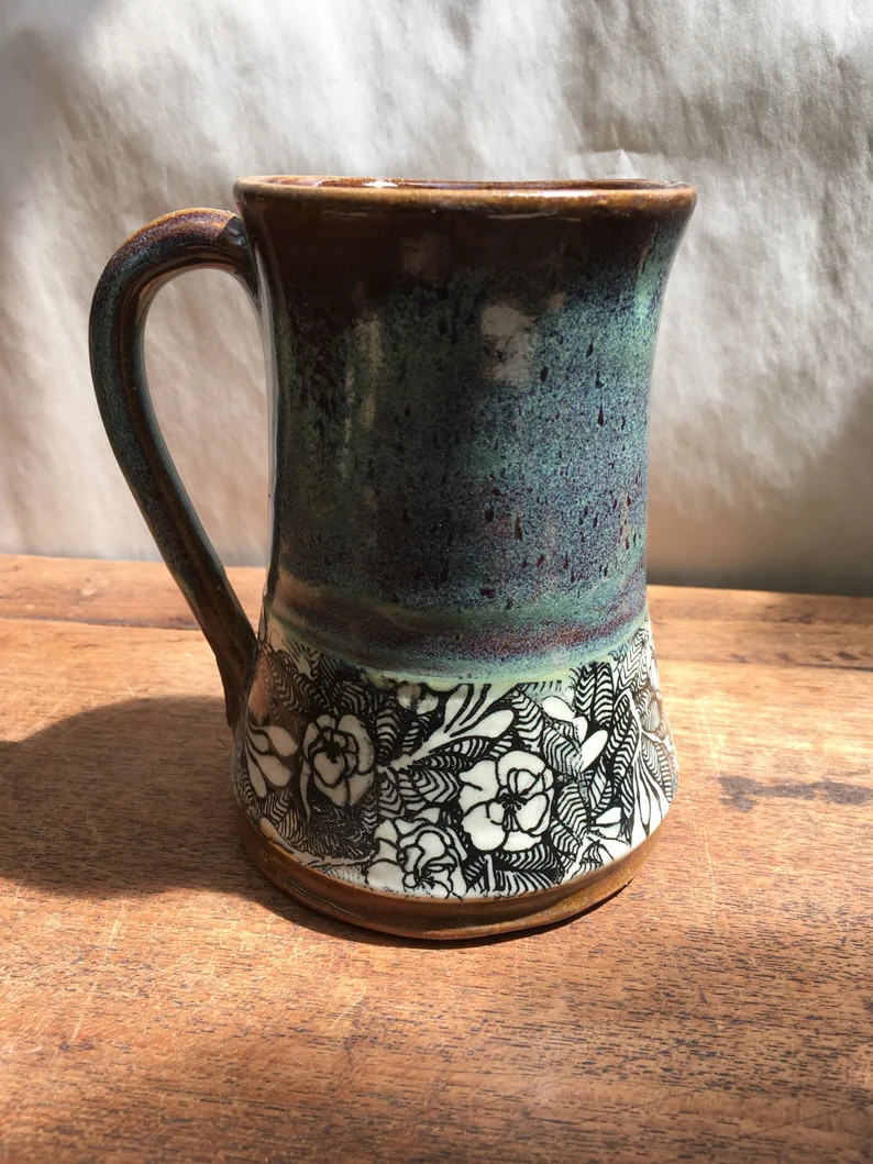 Handmade Turquoise Pottery Mug: Rustic Floral Print, 16 Oz, Lid Available - Etsy | Etsy (US)