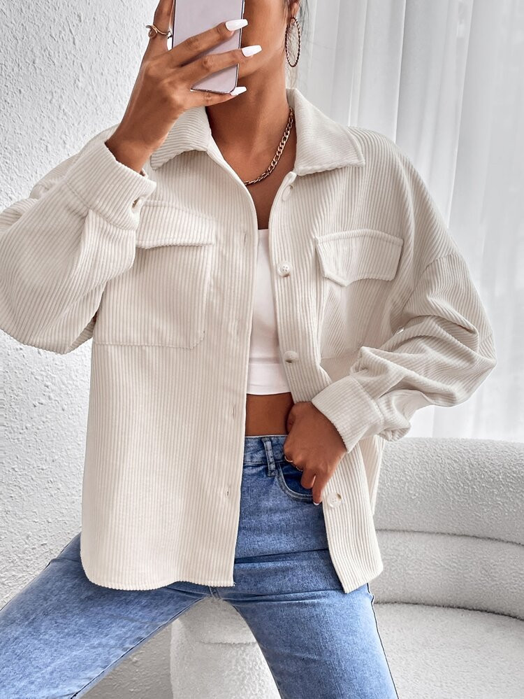 Drop Shoulder Flap Pocket Corduroy Coat | SHEIN