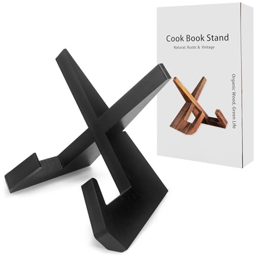Rustic Black Cookbook Stand for Kitchen, Recipe Book Holder for Kitchen Counter, Wooden Cookbook Holder, Rustic Cook Book Holder Stand with Natural Wooden Grains (1 in Black) | Amazon (US)