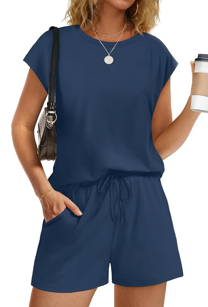 WIHOLL Two Piece Sets for Women Summer Crew Neck Lounge Short Sets Cap Sleeve Drawstring Sweatsui... | Amazon (US)