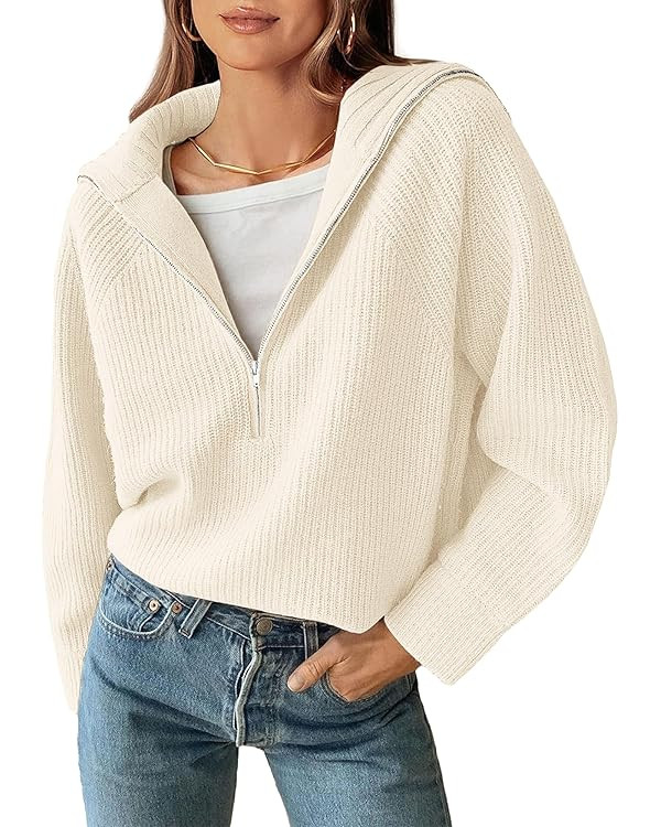BTFBM Womens Sweaters Quarter Zip Pullover V Neck Collar Long Sleeve Ribbed Knit Loose Casual 202... | Amazon (US)