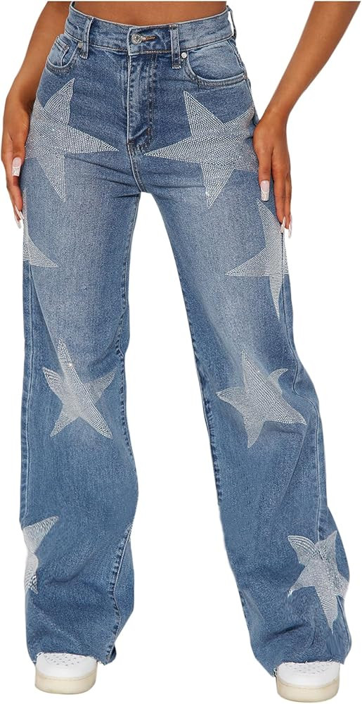 Women's High Waist Rhinestone Denim Pants Star Baggy Straight Wide Leg Jeans Y2k E-Girl Jeans Str... | Amazon (US)
