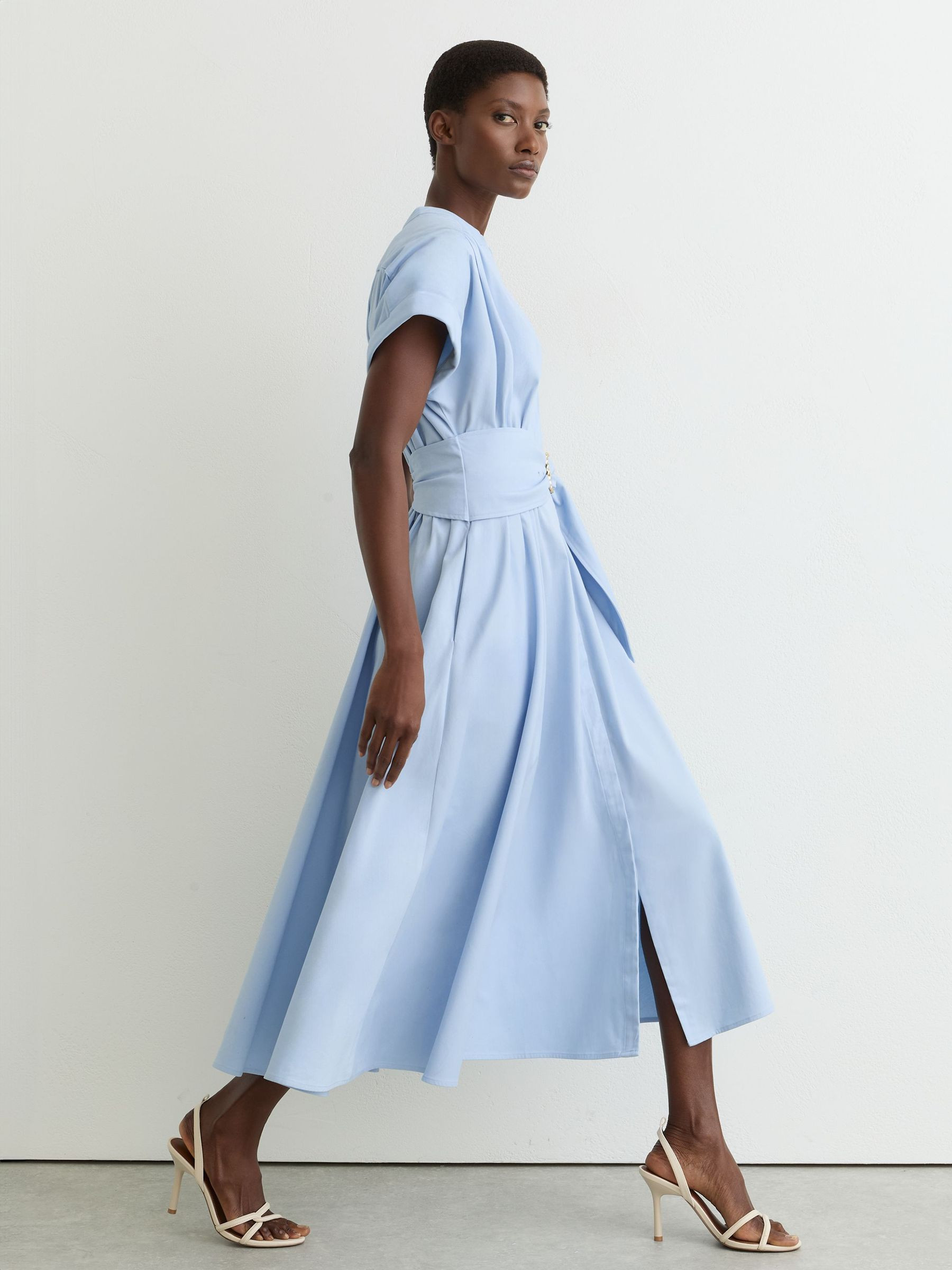 Petite Cotton Short-Sleeve Belted Midi Dress with Stretch in Blue | Reiss UK
