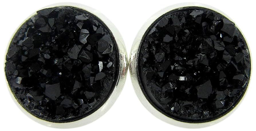 Silver-tone Black Faux Druzy Stone Stud Earrings 12mm | Amazon (US)
