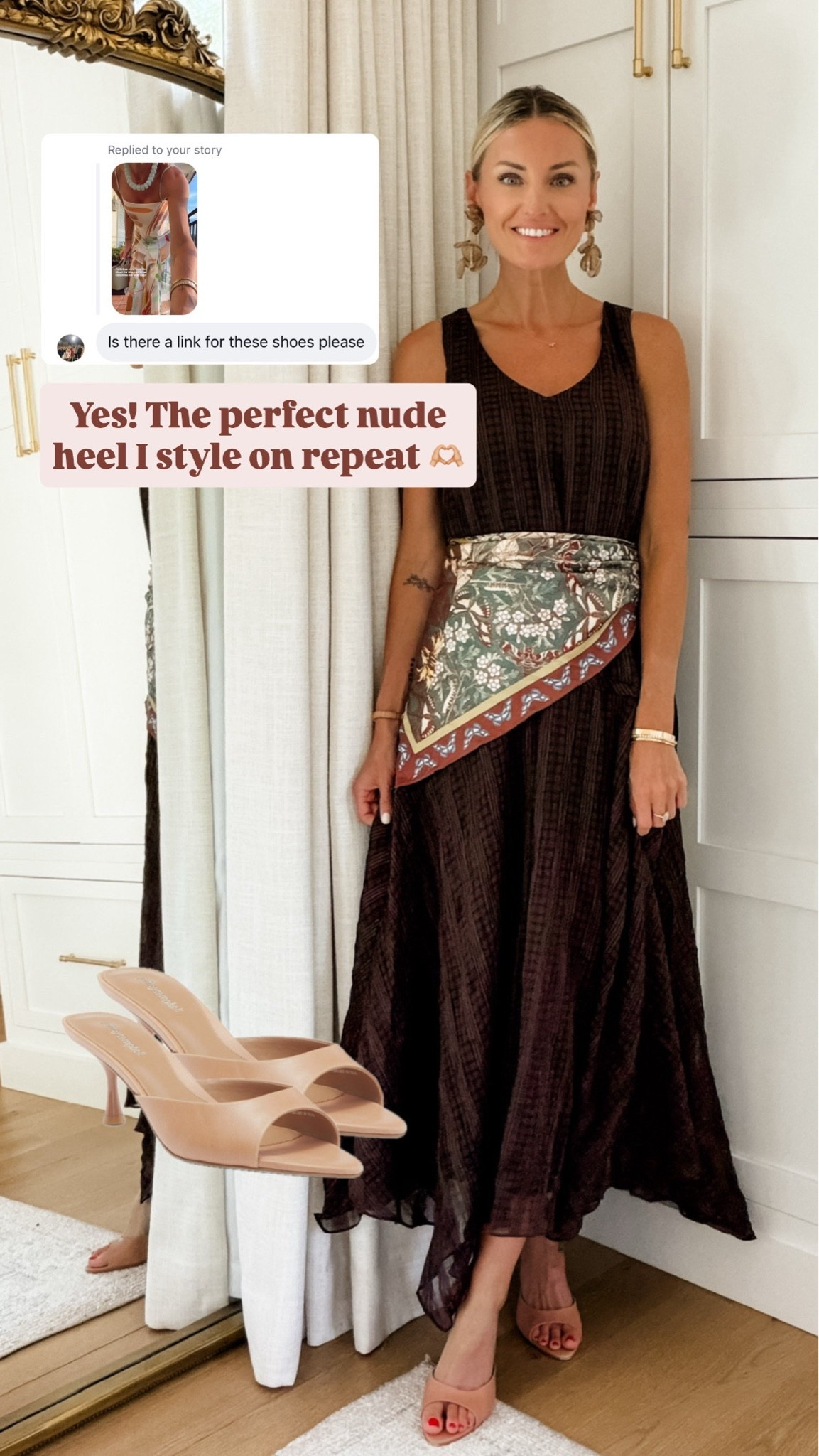 I have been wearing these heels nonstop! The peep toe is so feminine and these are a timeless style. Wearing small in this dress. 

Loverly grey, how to style satin scarf, brown midi dress outfit, neutral kitten heel sandals

#LTKSeasonal