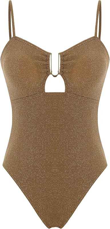 ZAFUL Women's One Piece Swimsuit Metallic Shiny Metal U-Wire Bathing Suit Sparkly Cut Out Tie Bac... | Amazon (US)