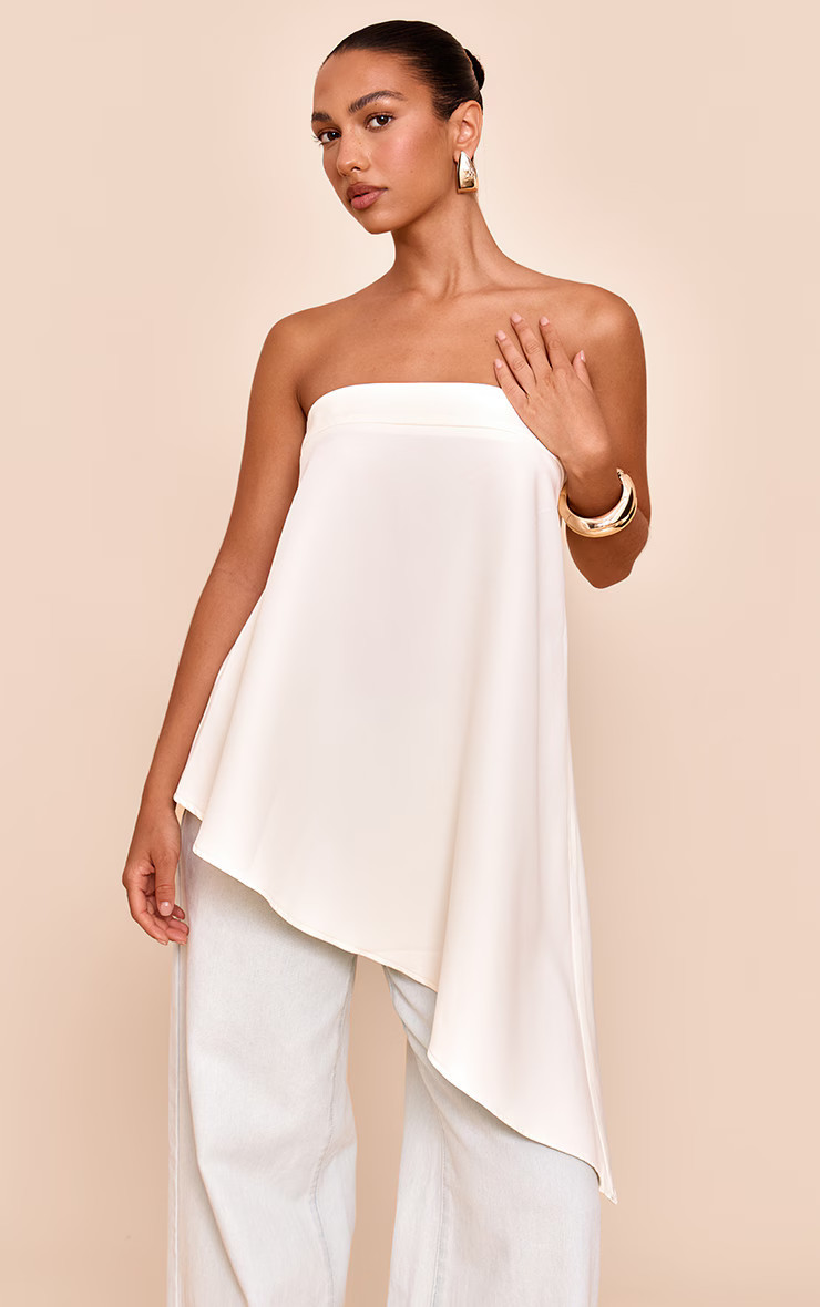 Cream Woven Bandeau Asymmetric Hem Floaty Long Top | Pretty Little Thing (Australia & New Zealand)