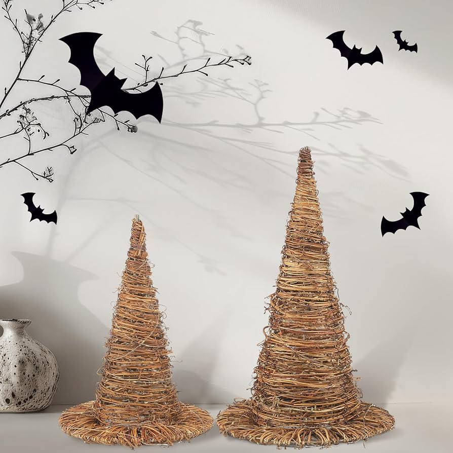 Leinuosen 2 Pcs Halloween Rattan Witch Hat Decor with String Lights Wicker Wizard Hats Woven Witc... | Amazon (US)
