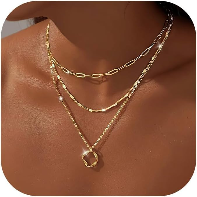 Layered Necklaces for Women，14K Gold Plated Twist Circle Pendant Dainty Paperclip Chain Necklac... | Amazon (US)