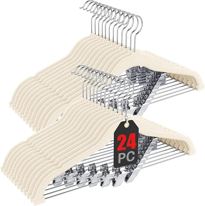 Korpai 24-Pack Beige Velvet Hangers with Clips Adjustable,Adult Hangers,Outfit Hangers,Heavy-Duty... | Amazon (US)