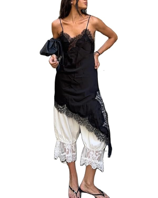 Women Satin Long Lace Cami Top Y2K Spaghetti Strap Side Split Tank Tops Dress Clothes | Amazon (US)