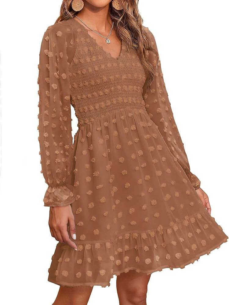 BTFBM Long Sleeve Fall Dresses for Women 2025 Casual V Neck Swiss Dot Smocked Ruffle Chiffon Summ... | Amazon (US)