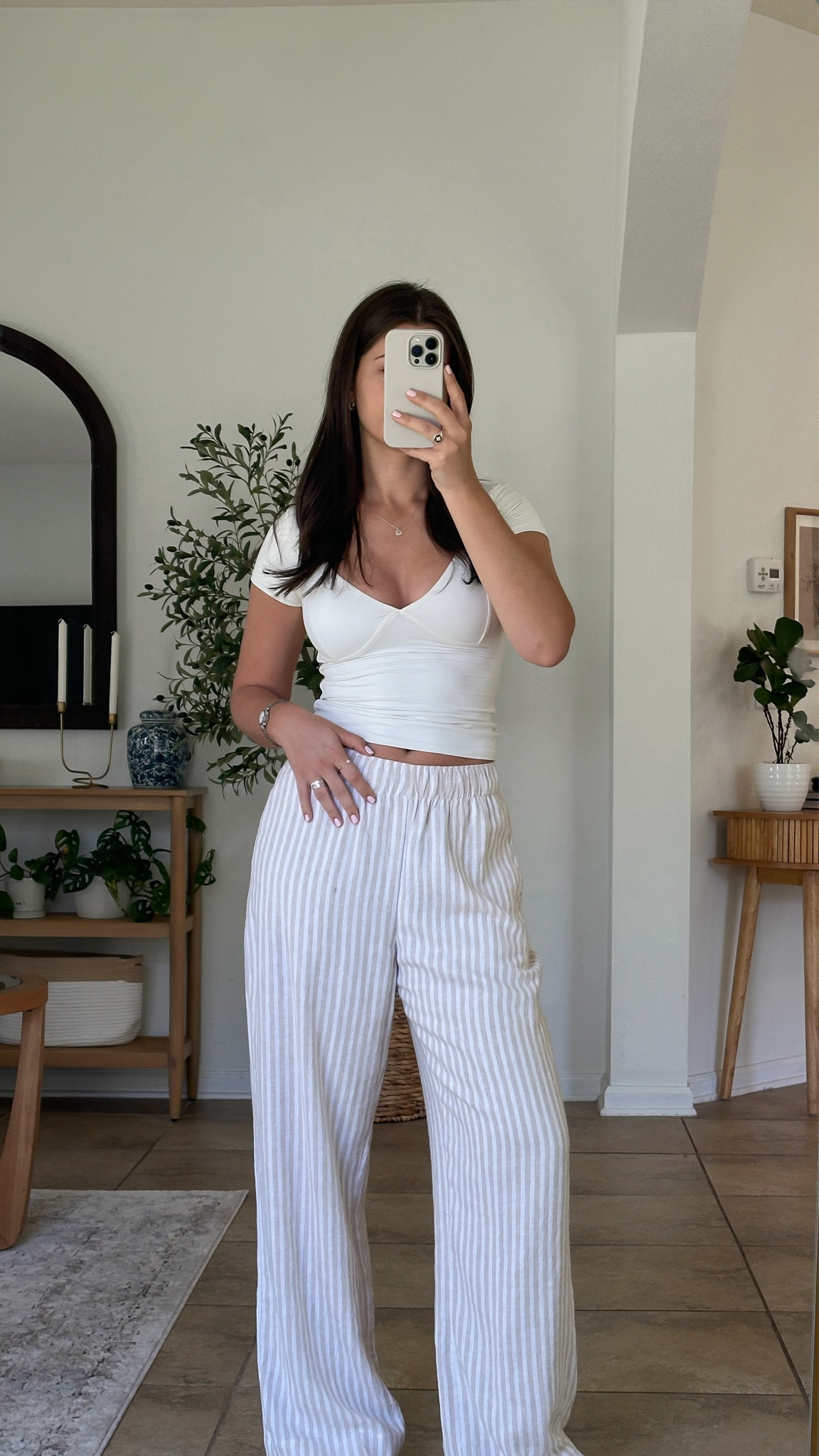 causal striped linen pants outfit 
Wearing small top, xs regular pants 

#LTKfindsunder100 #LTKSeasonal #LTKsalealert
