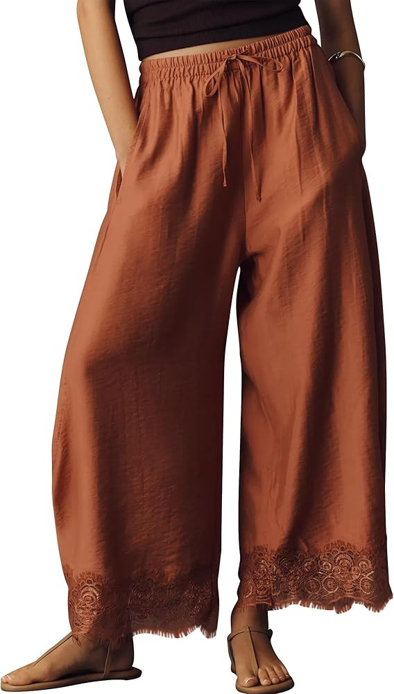 Anoumcy Lace Trim Wide Leg Pants for Women 2026 Spring Summer Cropped Lightweight Casual Pants | Amazon (US)
