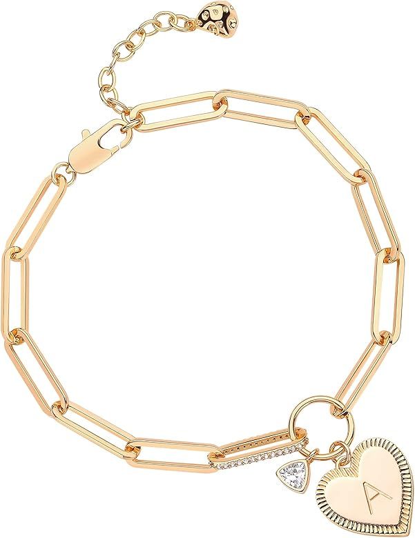 Bemoly Gold Bracelets for Women Dainty Initial Heart Paperclip Letter Bracelet Link Jewelry 14k G... | Amazon (US)