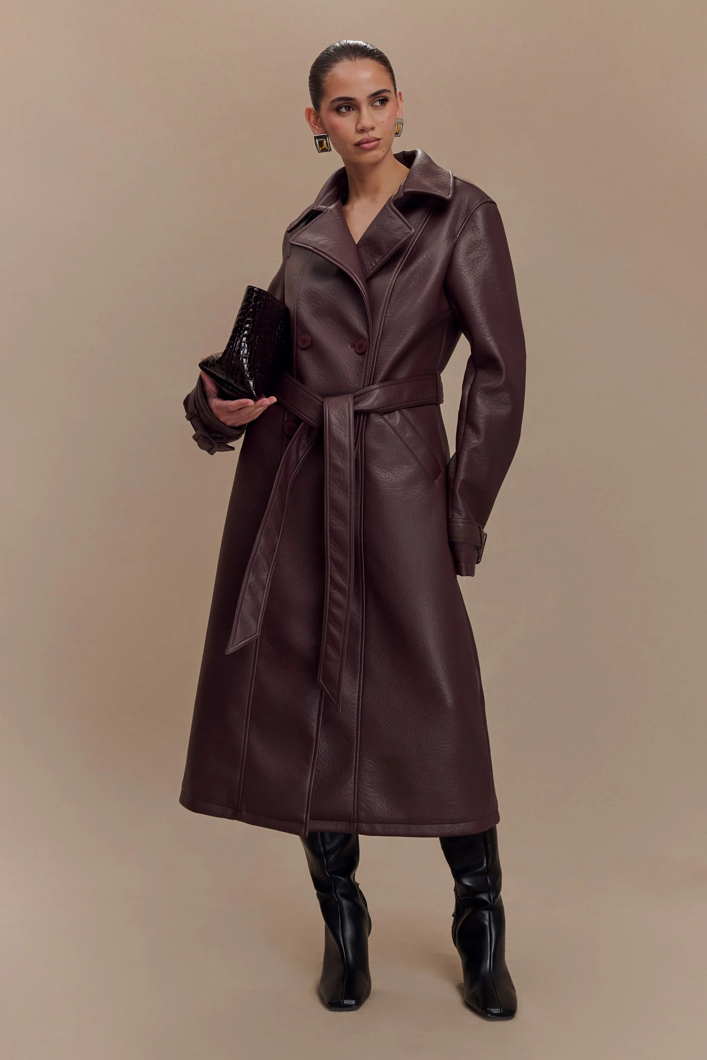 Tarah Faux Leather Trench Coat - Cacao Brown | MESHKI US