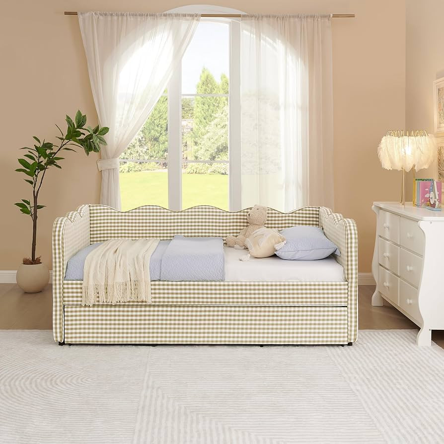 Twin Size Upholstered Daybed, Extendable Linen Sofa Bed with USB Charging Port and Adorable Wave ... | Amazon (US)