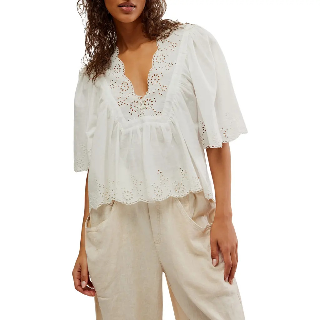 Free People Costa Eyelet Top in Bright White at Nordstrom, Size X-Large | Nordstrom