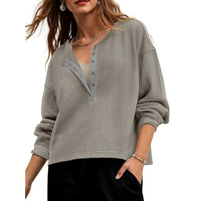 Fisoew Womens Cropped Sweatshirt Casual Waffle Knit Button V Neck Long Sleeve… | Amazon (US)