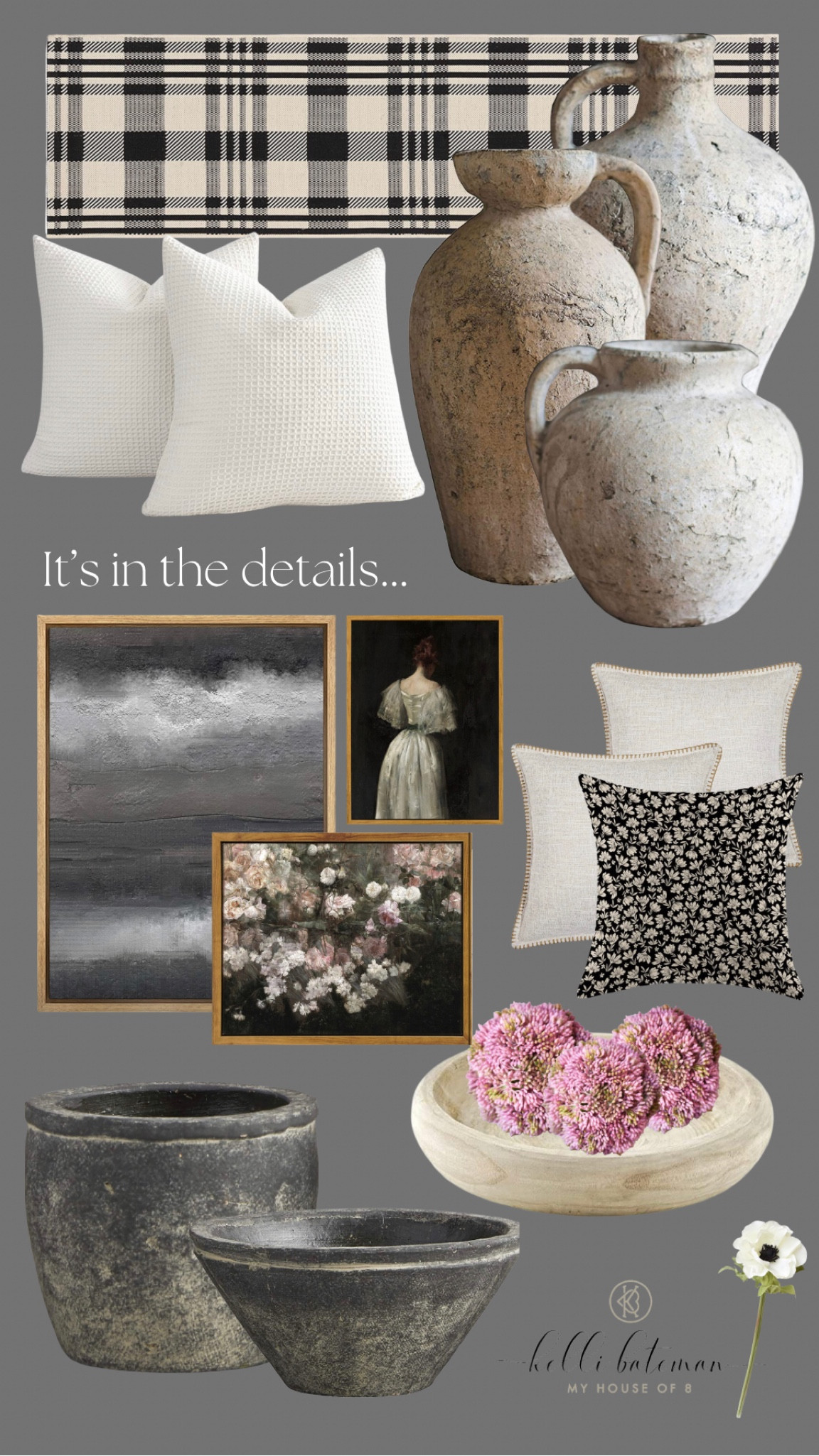 Home decor accessories: plaid runner (indoor/outdoor rug), vases, framed canvas, pillow covers, waffle knit pillows, floral print pillow, faux flowers, vase filler, decorative bowls and pots, modern vintage art, Amazon Home Decor. 

#LTKhome #LTKFind #LTKSeasonal