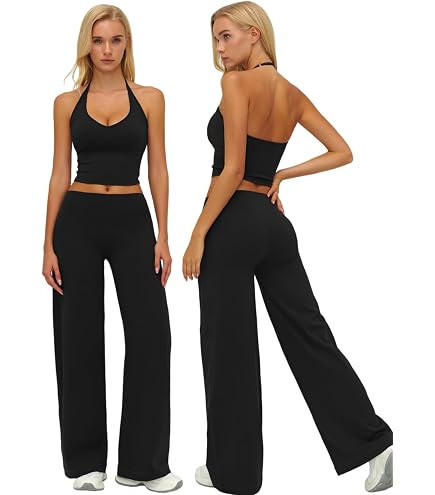 Women's 2-Piece Athleisure Outfit V-Neck Backless Top Wide Leg Pants | Amazon (US)