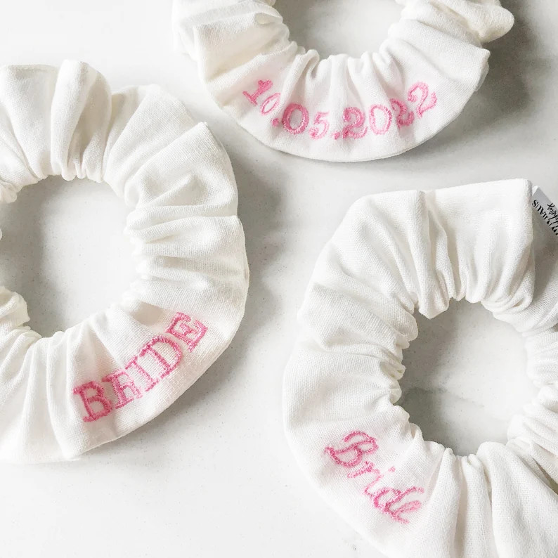 Personalized Wedding Date Scrunchie, Custom Embroidery, Wedding Day Getting Ready, Bridal Shower,... | Etsy (US)