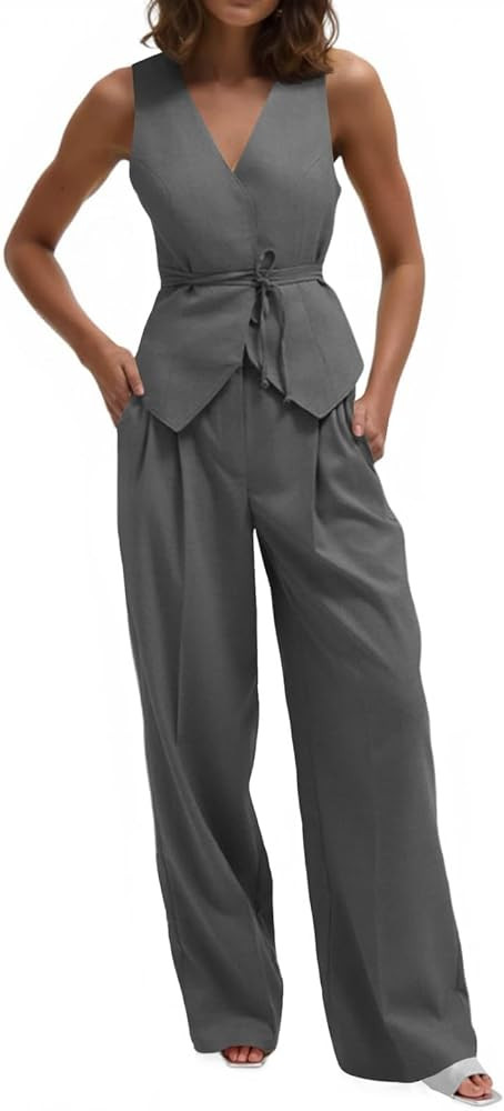 Cicy Bell Women's 2 Piece Outfits Sleeveless Tie Waist Suit Vest and Wide Leg Pants Business Casu... | Amazon (US)