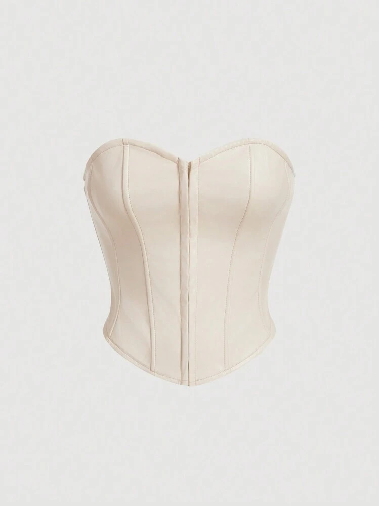 SHEIN MOD Solid PU Leather Bustier Tube Beige Breast Cup Waist Shaping Corset Top | SHEIN