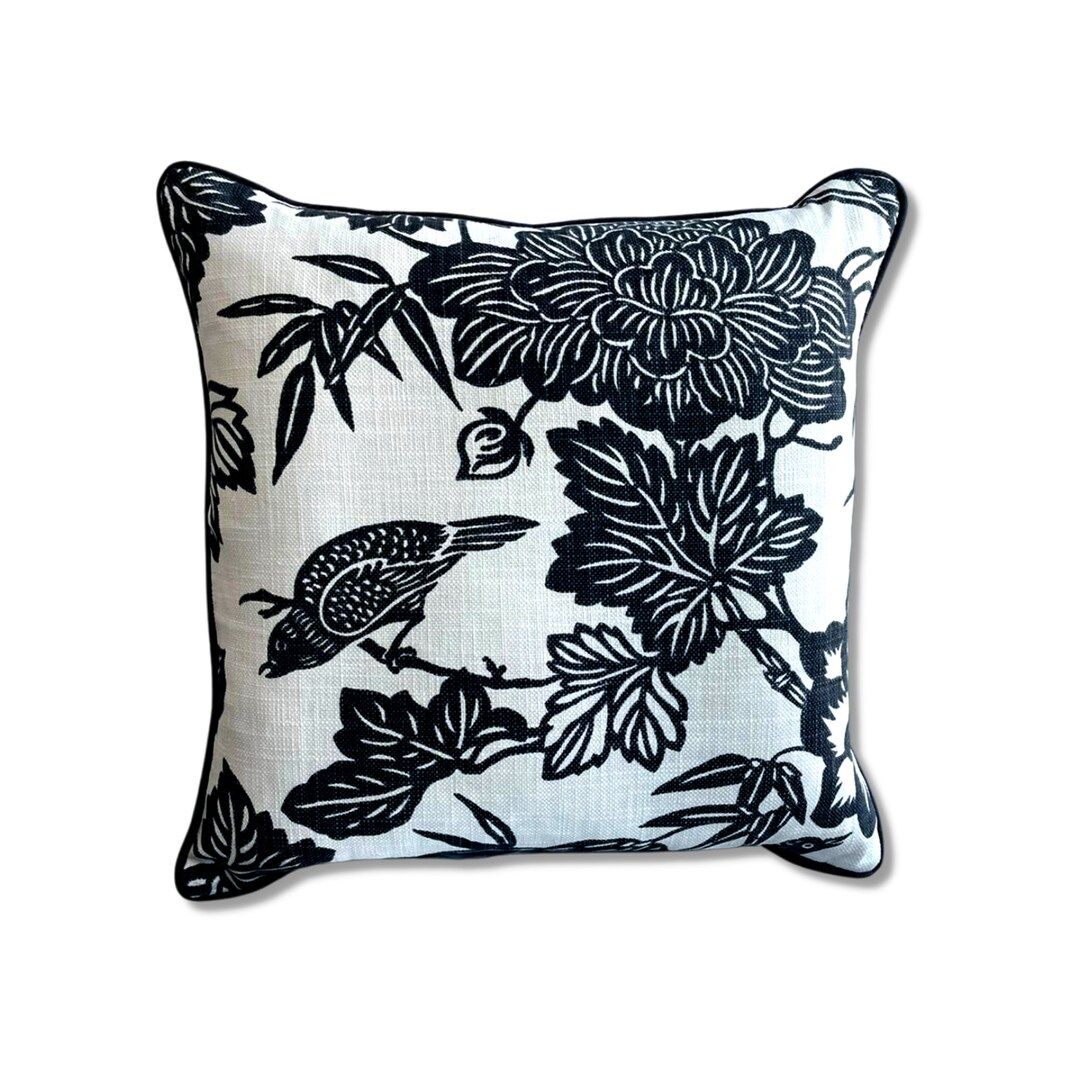 Designer Pillow Cover Fabricut Floral Sparrow Bird Cream Black Linen Canvas in Stock 20 X 20 Pipi... | Etsy (US)