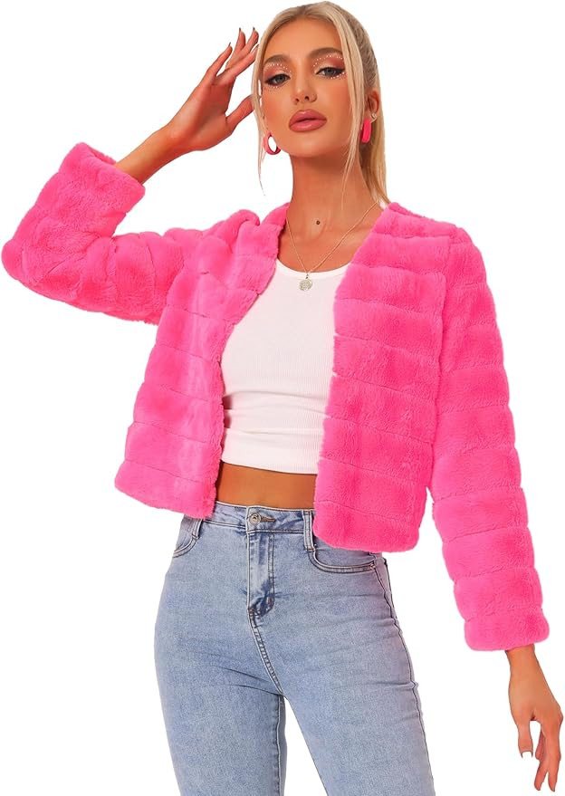 Allegra K Women's Winter Warm Cropped Jacket Collarless Faux Fur Fluffy Coat | Amazon (US)