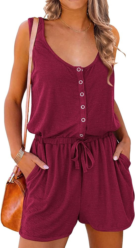 PRETTYGARDEN Womens Plain Scoop Neck Button Down Sleeveless Tank Top Rompers With Pockets | Amazon (US)