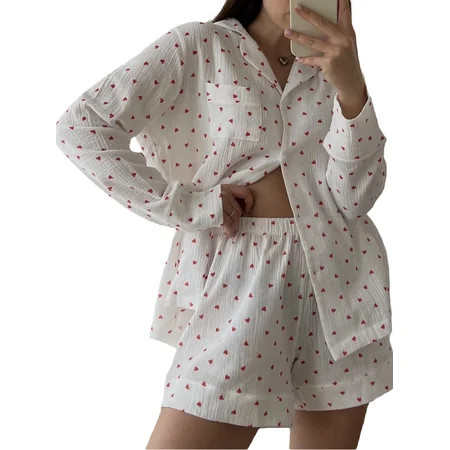 Women’s 2 Piece Pajamas Set Long Sleeve Heart Print Button Up Shirt + Shorts Set Valentines Day Pajamas | Walmart (US)