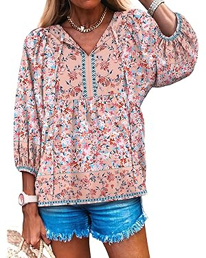 Caracilia Womens 3/4 Sleeve Blouse V Neck Boho Dress Tops Flowy Casual Dressy Shirts Beach Vacati... | Amazon (US)